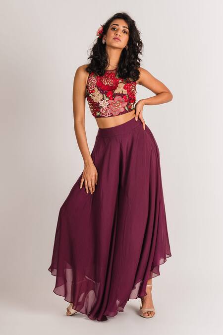 Shop_Taavare_Purple Silk, Tulle Round Embroidered Top With Flared Pant _at_Aza_Fashions