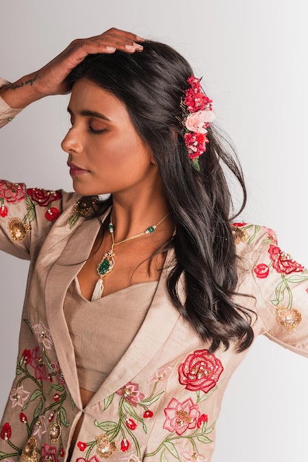 Taavare_Peach , Raw Top Sweetheart Jacket Lapel Embroidered And Pant Set _Online_at_Aza_Fashions