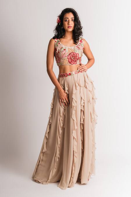 Shop Taavare Beige Raw Silk, Georgette Scoop Neck Ruffle Lehenga Set at Aza Fashions Shop_Taavare_Beige Raw Silk, Georgette Scoop Neck Ruffle Lehenga Set_at_Aza_Fashions