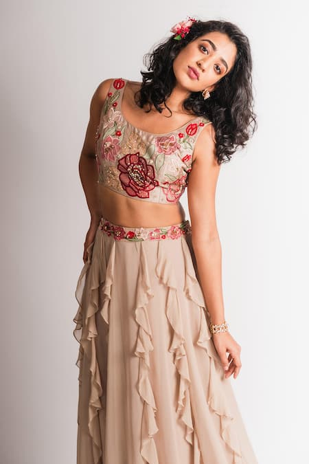 Taavare Beige Raw Silk, Georgette Scoop Neck Ruffle Lehenga Set Online at Aza Fashions Taavare_Beige Raw Silk, Georgette Scoop Neck Ruffle Lehenga Set_Online_at_Aza_Fashions