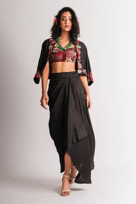 Taavare_Black Raw Silk Top Sweetheart Neck Embroidered Jacket And Skirt Set_Online_at_Aza_Fashions