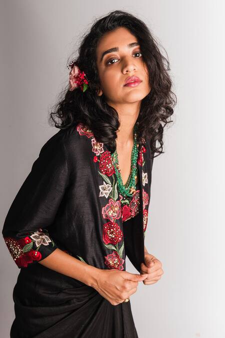Shop_Taavare_Black Raw Silk Top Sweetheart Neck Embroidered Jacket And Skirt Set_Online_at_Aza_Fashions