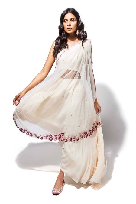 Taavare_White Tulle, Georgette Boat Embroidered Palazzo Set_Online_at_Aza_Fashions