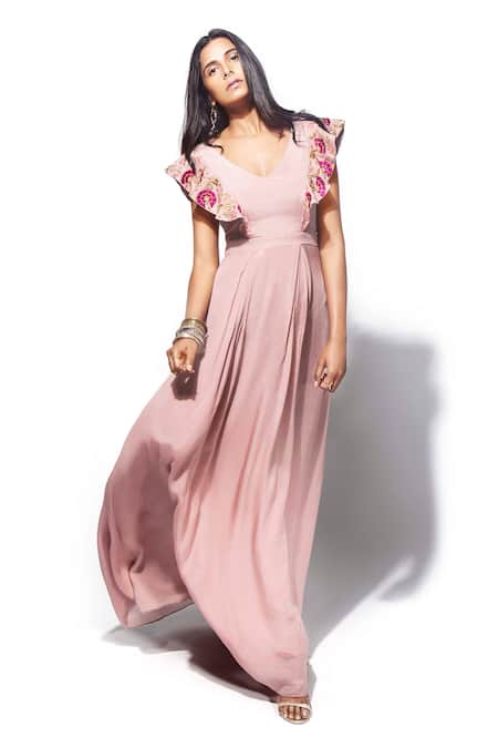 Taavare Peach Georgette V Neck Embroidered Gown