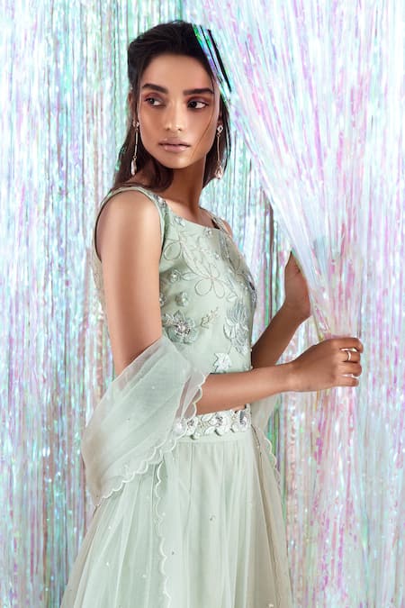 Shop Taavare Green Tulle Round Embroidered Crop Top And Sharara Set at Aza Fashions Shop_Taavare_Green Tulle Round Embroidered Crop Top And Sharara Set_at_Aza_Fashions