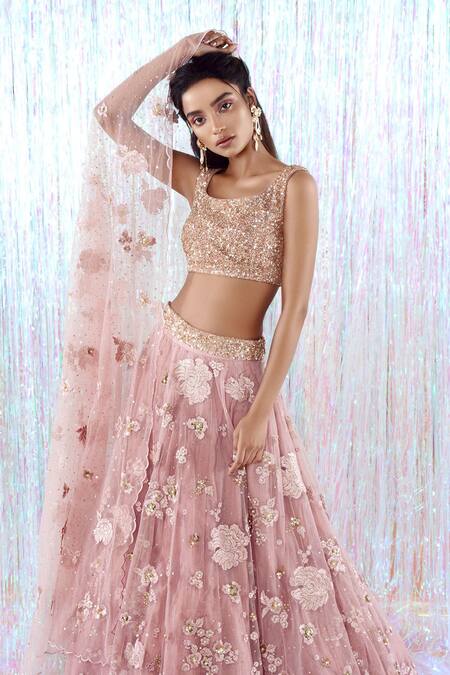 Taavare_Pink Tulle Round Floral Embroidered Lehenga Set_Online_at_Aza_Fashions