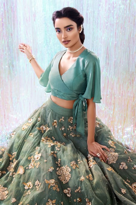 Taavare Green Tulle V Neck Floral Embroidered Lehenga Set