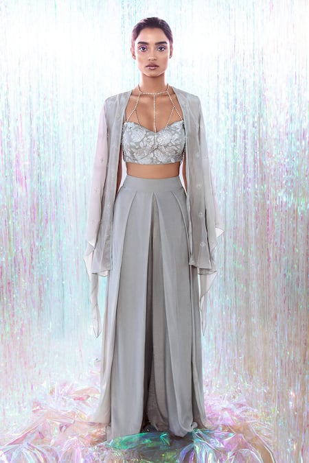 Taavare Tulle Jacket & Silk Pleated Pant Set 