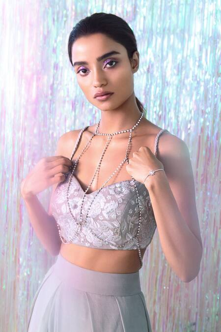 Taavare Grey Silk, Tulle Sweetheart Neck Jacket And Pleated Pant Set Online at Aza Fashions Taavare_Grey Silk, Tulle Sweetheart Neck Jacket And Pleated Pant Set_Online_at_Aza_Fashions