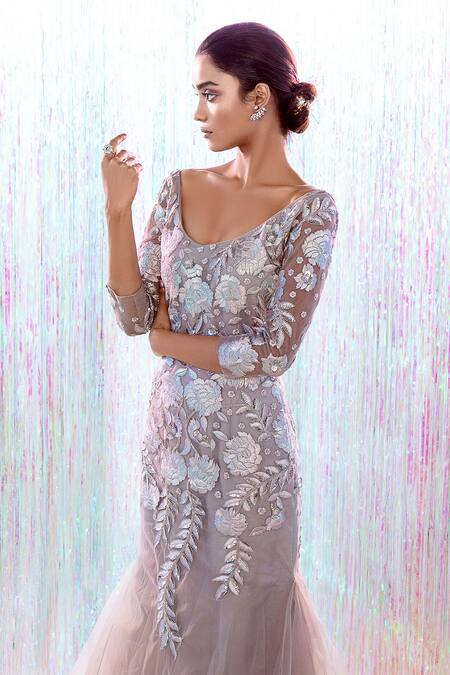Shop Taavare Grey Tulle Round Floral Embroidered Fish Cut Gown at Aza Fashions Shop_Taavare_Grey Tulle Round Floral Embroidered Fish Cut Gown_at_Aza_Fashions
