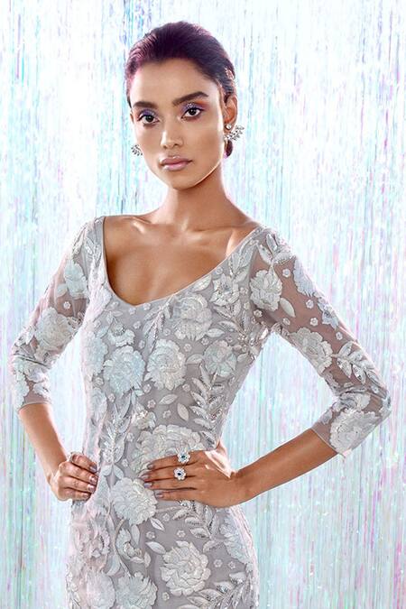 Taavare Grey Tulle Round Floral Embroidered Fish Cut Gown Online at Aza Fashions Taavare_Grey Tulle Round Floral Embroidered Fish Cut Gown_Online_at_Aza_Fashions