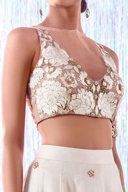 Buy_Taavare_White Raw Silk, Tulle Round Floral Embroidered Lehenga Set_Online_at_Aza_Fashions