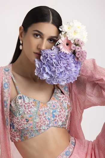Koashee By Shubitaa_Pink Organza, Bamber Floral Jacket Open Print And Sharara Set_Online_at_Aza_Fashions