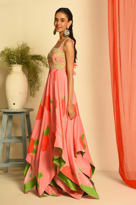 Neha Chopra Tandon_Pink Crepe Floral Print Dress_Online_at_Aza_Fashions
