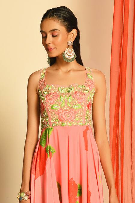 Buy_Neha Chopra Tandon_Pink Crepe Floral Print Dress_Online_at_Aza_Fashions