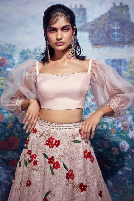 Shop_Taavare_Pink Raw Silk, Organza Sweetheart Neck Embroidered Lehenga Set_at_Aza_Fashions