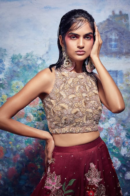 Shop_Taavare_Maroon Raw Silk, Tulle Round Embroidered Bridal Lehenga Set _at_Aza_Fashions
