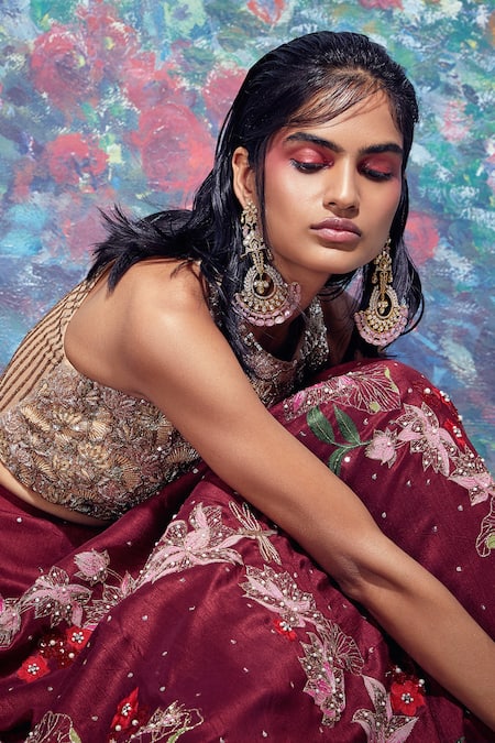 Taavare_Maroon Raw Silk, Tulle Round Embroidered Bridal Lehenga Set _Online_at_Aza_Fashions