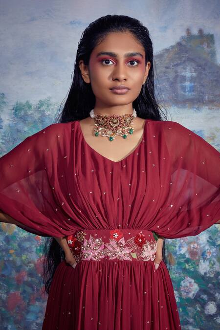 Taavare_Maroon Georgette V Neck Embroidered Kaftan Gown_Online_at_Aza_Fashions