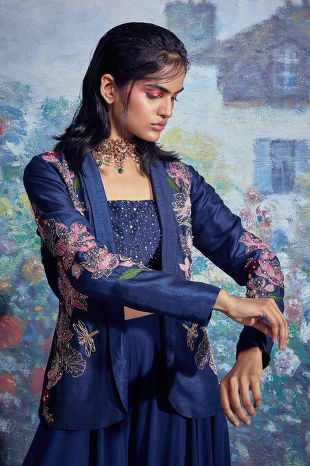 Shop Taavare Blue Raw Silk, Georgette Jacket Lapel Pant Set With Embroidered at Aza Fashions Shop_Taavare_Blue Raw Silk, Georgette Jacket Lapel Pant Set With Embroidered_at_Aza_Fashions