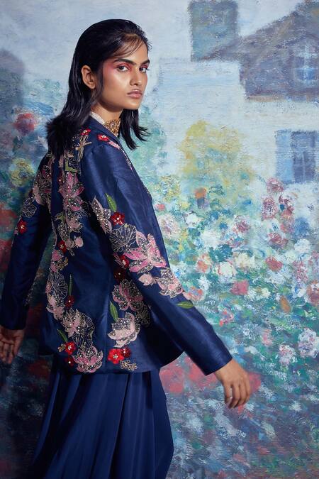 Taavare Blue Raw Silk, Georgette Jacket Lapel Pant Set With Embroidered Online at Aza Fashions Taavare_Blue Raw Silk, Georgette Jacket Lapel Pant Set With Embroidered_Online_at_Aza_Fashions