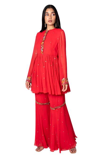 Taavare_Red Georgette Round Embroidered Peplum Kurta And Sharara Set_Online_at_Aza_Fashions