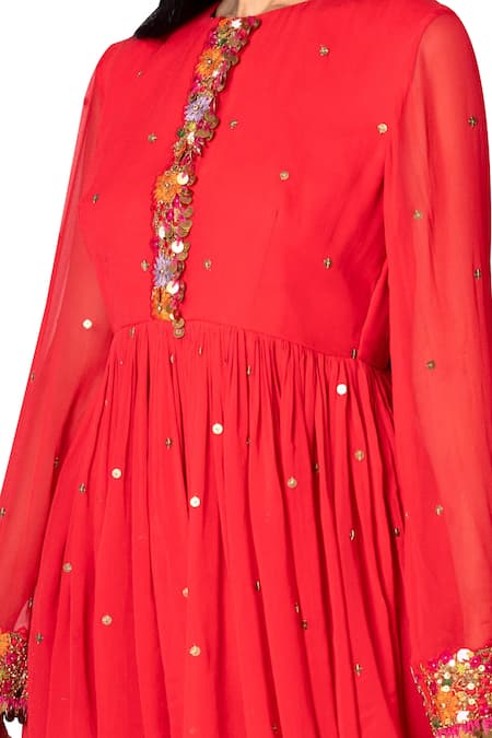 Buy_Taavare_Red Georgette Round Embroidered Peplum Kurta And Sharara Set_Online_at_Aza_Fashions
