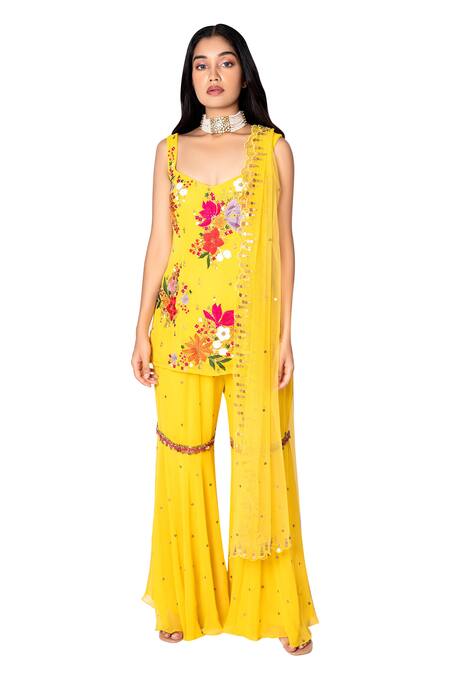 Taavare_Yellow Raw Silk, Tulle, Georgette Scoop Neck Embroidered Kurta Set_Online_at_Aza_Fashions