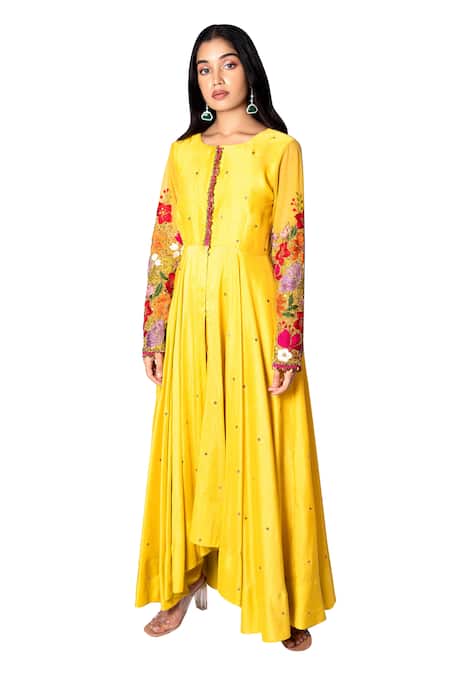Shop_Taavare_Yellow Raw Silk, Shantoon Round Embroidered Anarkali And Dhoti Pant Set_at_Aza_Fashions