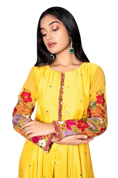 Taavare_Yellow Raw Silk, Shantoon Round Embroidered Anarkali And Dhoti Pant Set_Online_at_Aza_Fashions