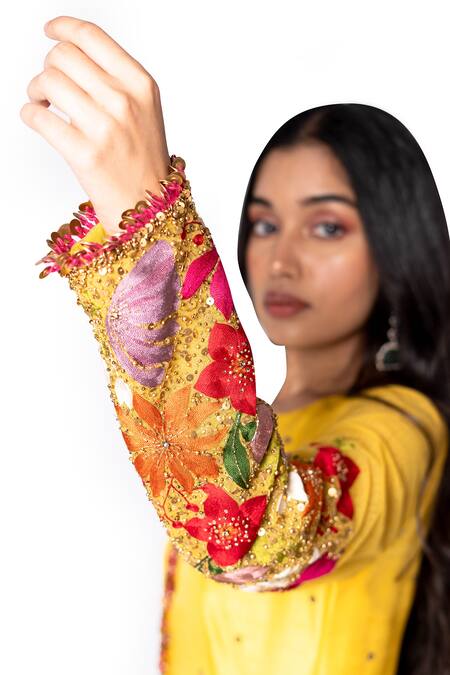 Buy_Taavare_Yellow Raw Silk, Shantoon Round Embroidered Anarkali And Dhoti Pant Set_Online_at_Aza_Fashions