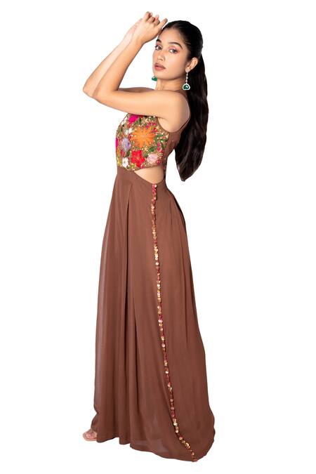 Taavare_Brown Georgette Round Embroidered Jumpsuit_Online_at_Aza_Fashions