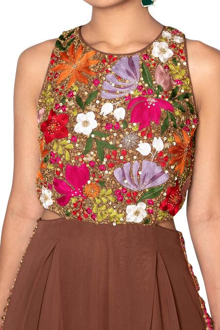 Buy_Taavare_Brown Georgette Round Embroidered Jumpsuit_Online_at_Aza_Fashions