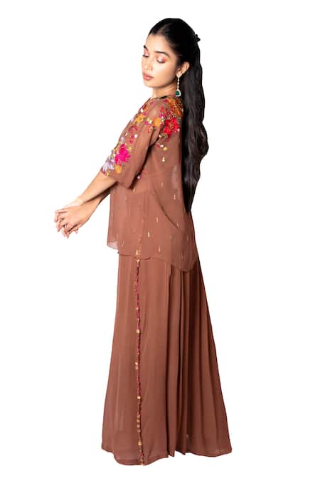 Shop_Taavare_Brown Raw Silk, Georgette Round Embroidered Tunic And Flared Pant Set _at_Aza_Fashions
