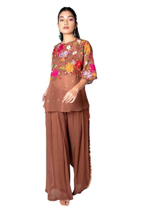 Taavare_Brown Raw Silk, Georgette Round Embroidered Tunic And Flared Pant Set _Online_at_Aza_Fashions