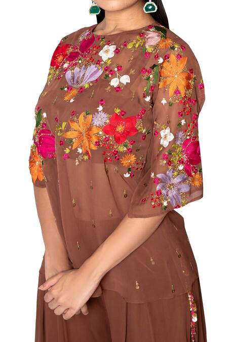 Buy_Taavare_Brown Raw Silk, Georgette Round Embroidered Tunic And Flared Pant Set _Online_at_Aza_Fashions