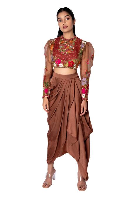 Taavare_Brown Organza, Satin Round Embroidered Crop Top And Draped Skirt Set _Online_at_Aza_Fashions