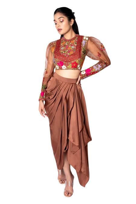 Shop_Taavare_Brown Organza, Satin Round Embroidered Crop Top And Draped Skirt Set _at_Aza_Fashions