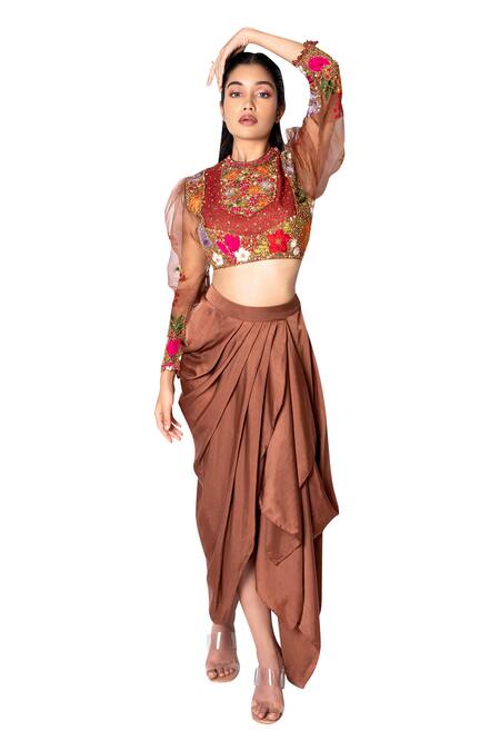 Buy_Taavare_Brown Organza, Satin Round Embroidered Crop Top And Draped Skirt Set _Online_at_Aza_Fashions