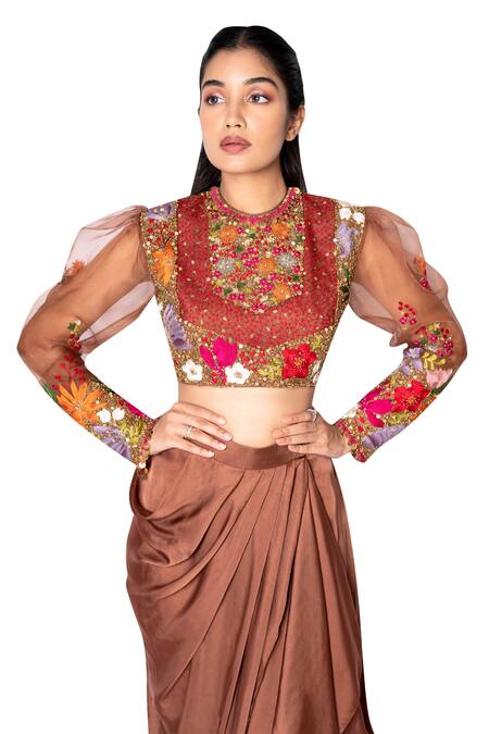 Shop_Taavare_Brown Organza, Satin Round Embroidered Crop Top And Draped Skirt Set _Online_at_Aza_Fashions