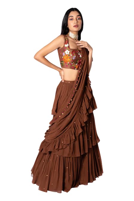 Shop_Taavare_Brown Raw Silk, Georgette Square Neck Ruffle Pre-draped Saree With Blouse_at_Aza_Fashions