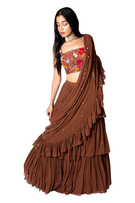 Taavare_Brown Raw Silk, Georgette Square Neck Ruffle Pre-draped Saree With Blouse_Online_at_Aza_Fashions