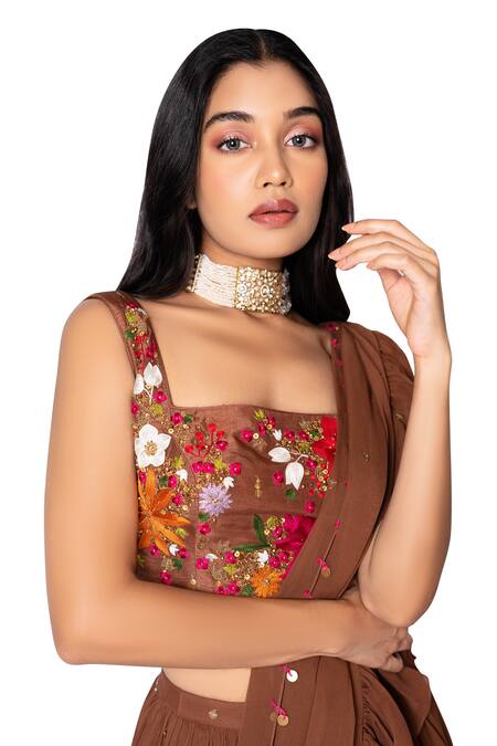 Buy_Taavare_Brown Raw Silk, Georgette Square Neck Ruffle Pre-draped Saree With Blouse_Online_at_Aza_Fashions