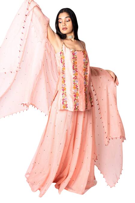 Taavare_Pink Raw Silk, Kota Scoop Neck Embroidered Cape And Sharara Set_Online_at_Aza_Fashions