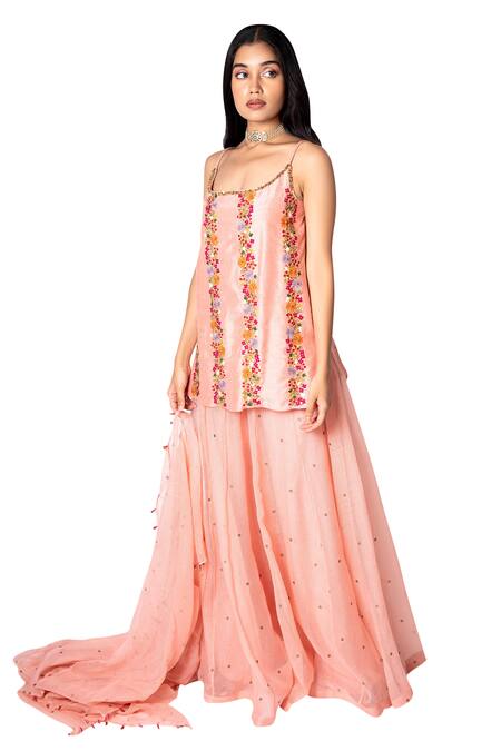 Buy_Taavare_Pink Raw Silk, Kota Scoop Neck Embroidered Cape And Sharara Set_Online_at_Aza_Fashions