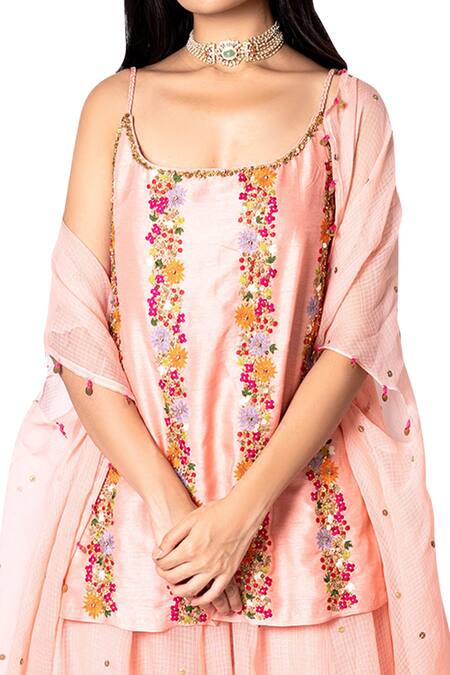 Shop_Taavare_Pink Raw Silk, Kota Scoop Neck Embroidered Cape And Sharara Set_Online_at_Aza_Fashions