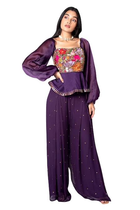 Taavare Embroidered Peplum Top & Flared Pant Set 