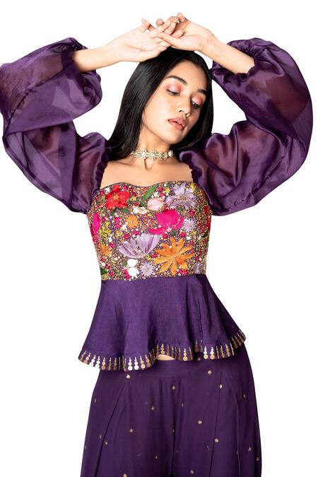 Buy Taavare Purple Raw Silk, Organza, Georgette Embroidered Peplum Top And Flared Pant Set Online at Aza Fashions Buy_Taavare_Purple Raw Silk, Organza, Georgette Embroidered Peplum Top And Flared Pant Set_Online_at_Aza_Fashions