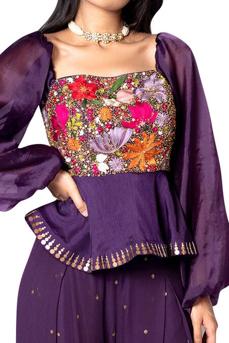 Shop Taavare Purple Raw Silk, Organza, Georgette Embroidered Peplum Top And Flared Pant Set Online at Aza Fashions Shop_Taavare_Purple Raw Silk, Organza, Georgette Embroidered Peplum Top And Flared Pant Set_Online_at_Aza_Fashions