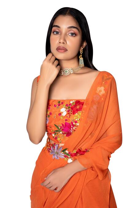 Taavare_Orange Raw Silk, Chiffon Square Neck Ruffle Pre-draped Saree With Blouse_Online_at_Aza_Fashions